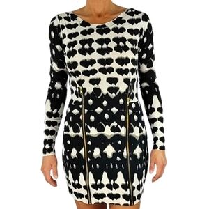 Anthropologie Bel Kazan Zip Long Sleeve Bodycon Dress Size Small Black White Zip